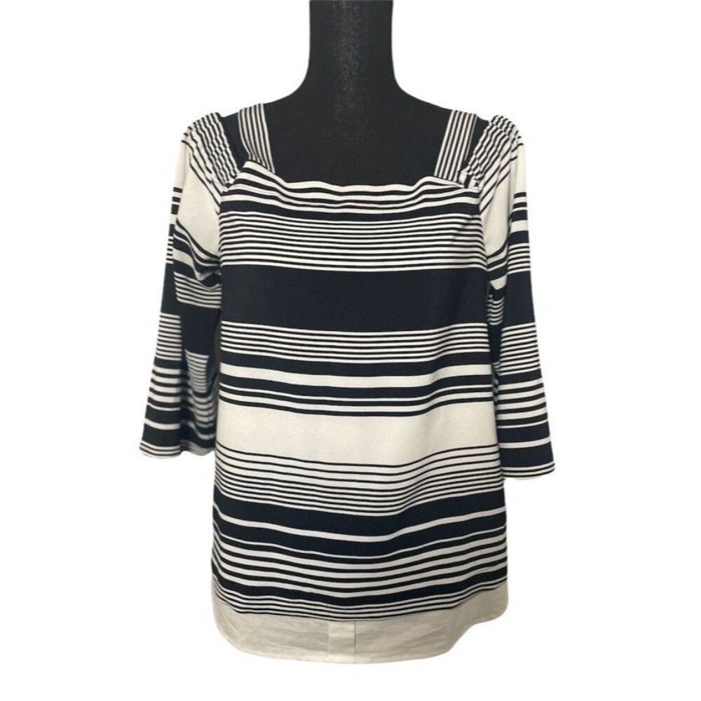 Ny Collection tunic top striped black and white strappy nautical preppy layered